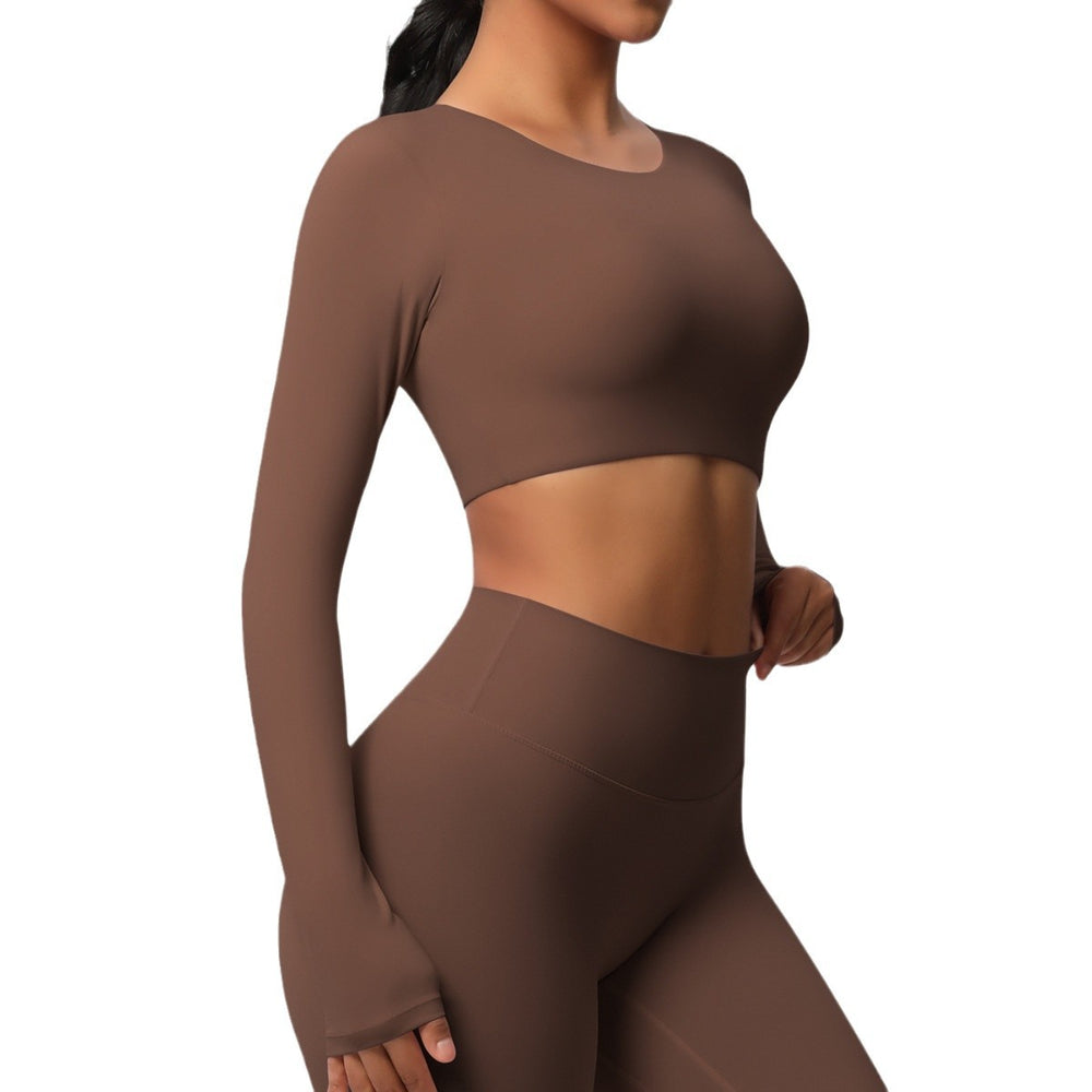 Ready-to-ship, cross-border, double-sided brushed, long-sleeved yoga top with built-in bra pads, suitable for pilates, running, and other workouts. women's