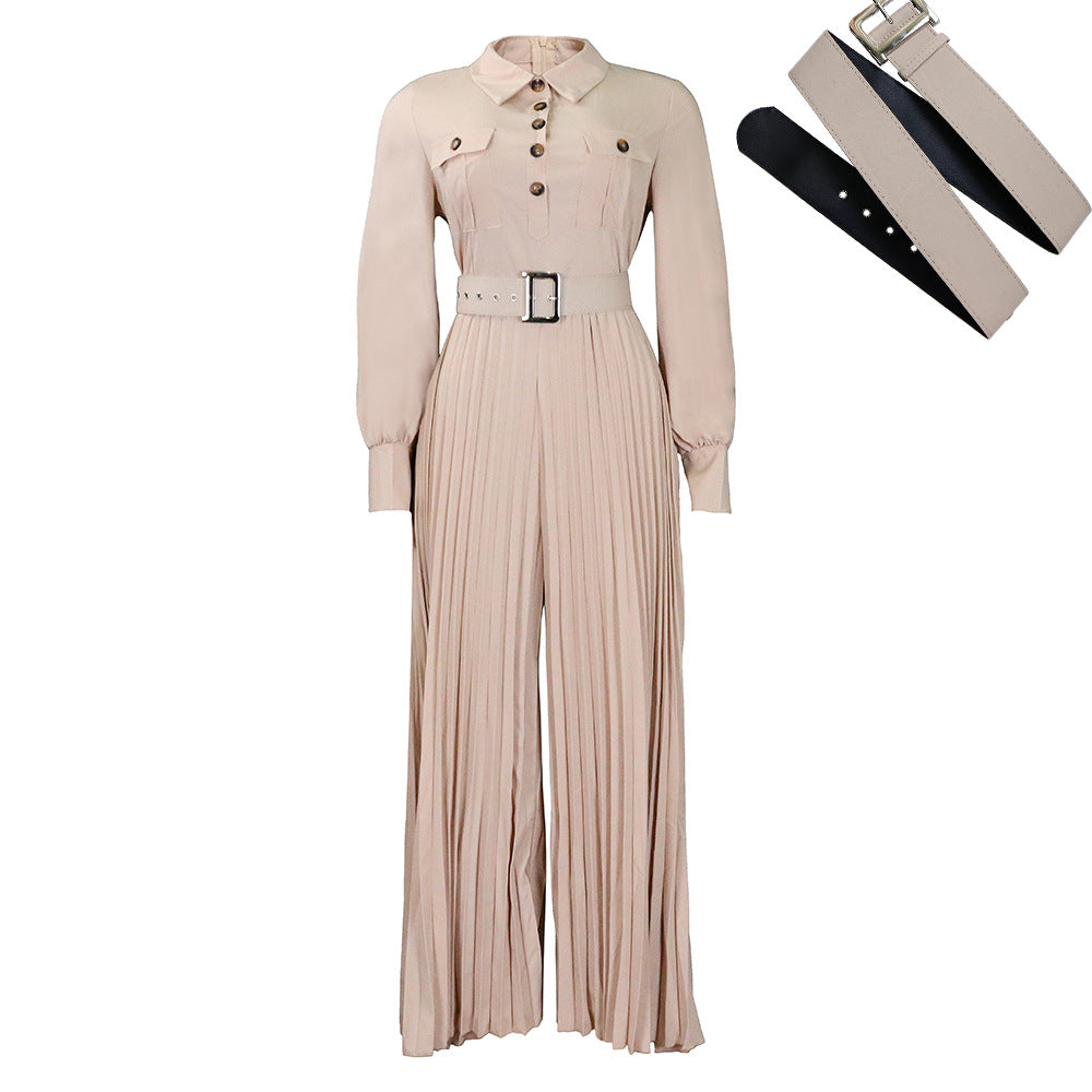 C8504 belted european and american style women's  spring/summer new long-sleeve casual loose pleated wide-leg jumpsuit - export quality
