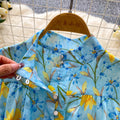 Frenchretro blue long sleeves floral dress female k-style stand collar tie back waist slimming look a-line skirt lady style