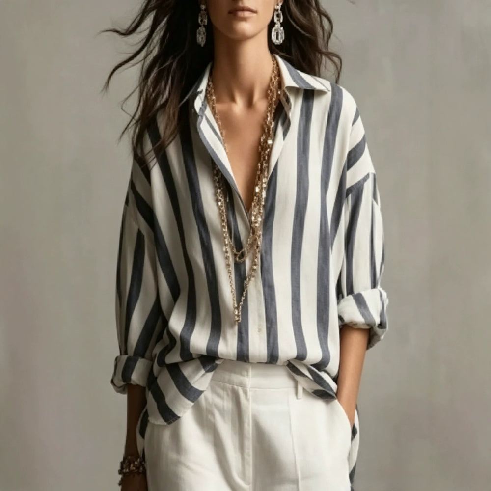 european and american cross-border  independent station spring, summer and autumn new women's clothing striped lapel loosefashion pullover women
