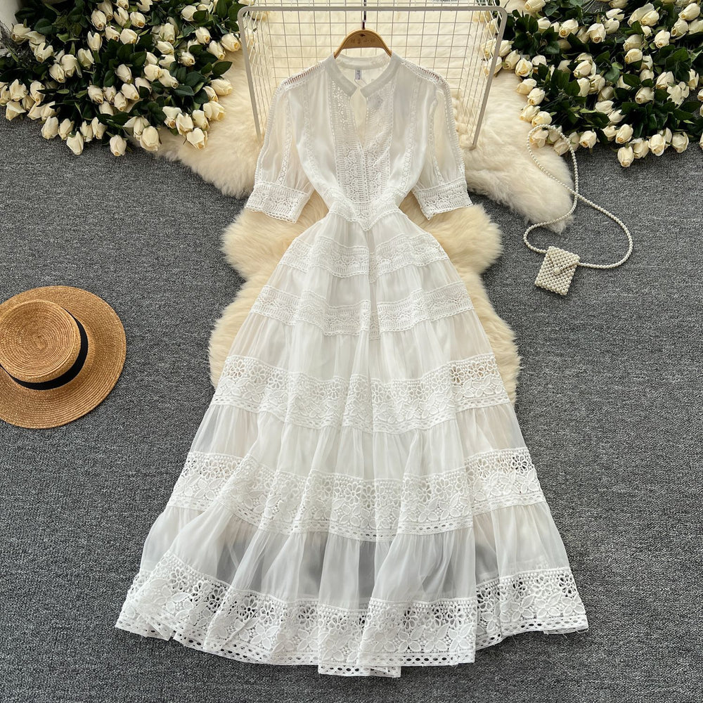 Frenchretro palace style dress women's waist slimming lookelegant puff sleeves lacepatchwork large swing dress long skirt