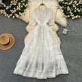 Frenchretro palace style dress women's waist slimming lookelegant puff sleeves lacepatchwork large swing dress long skirt