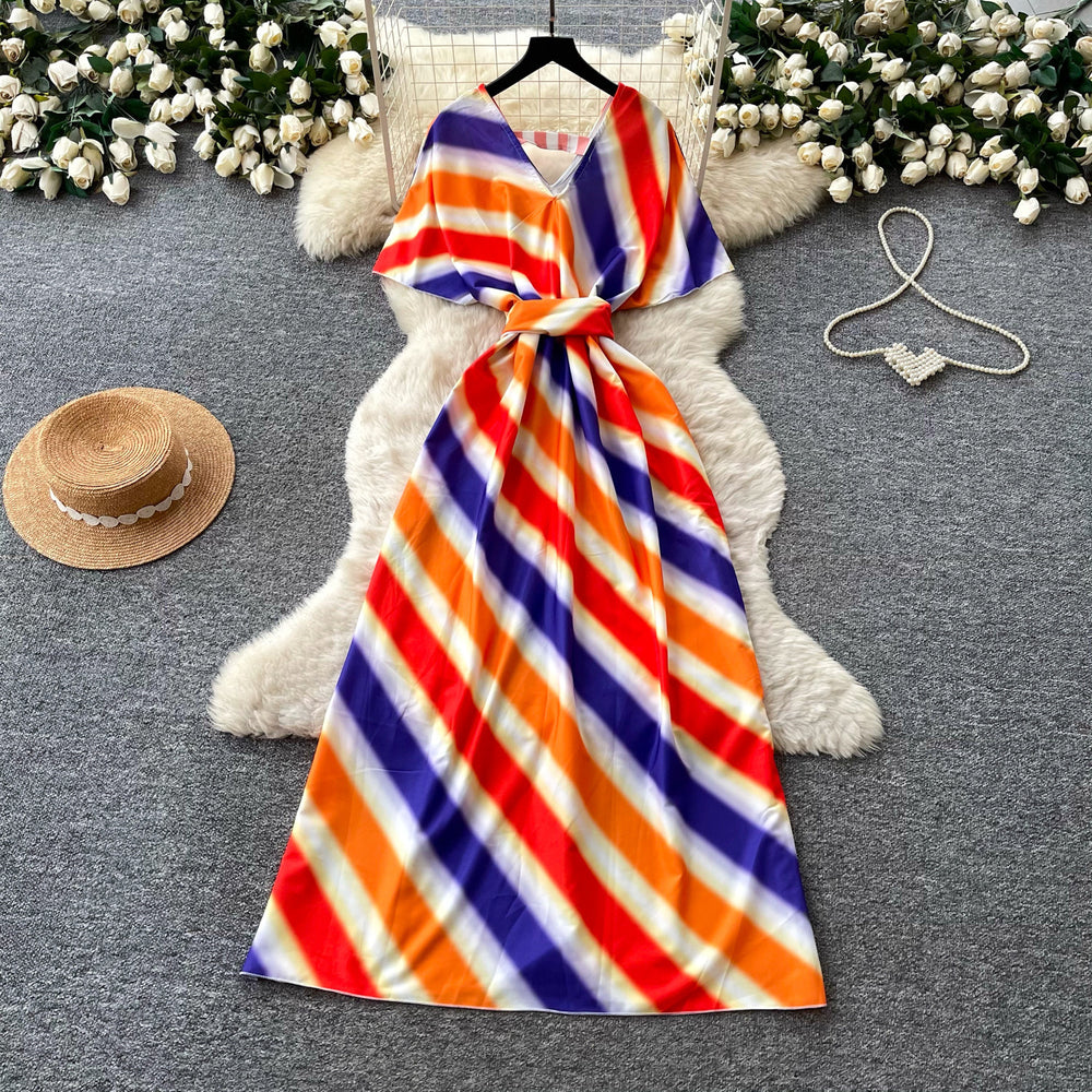 Vacation style v neckcolorfulstripesstylishdress women's summer waist slimming lookelegant long skirt work clothing outfit