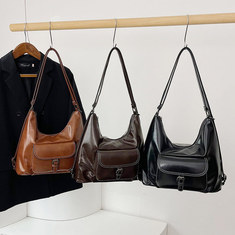 retro work clothing soft leather women's bag classy large capacity shoulder bag maillard style multifunctional backpack women