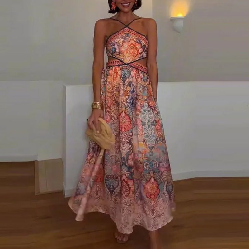 women's summer new arrivals:  cross-border fashion - elegant casual halter neck printed backless cropped maxi dress