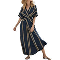 cross-border fashion: european & american summer new arrivals - women's stylish vacation v-neck short sleeve striped ruched maxi dress
