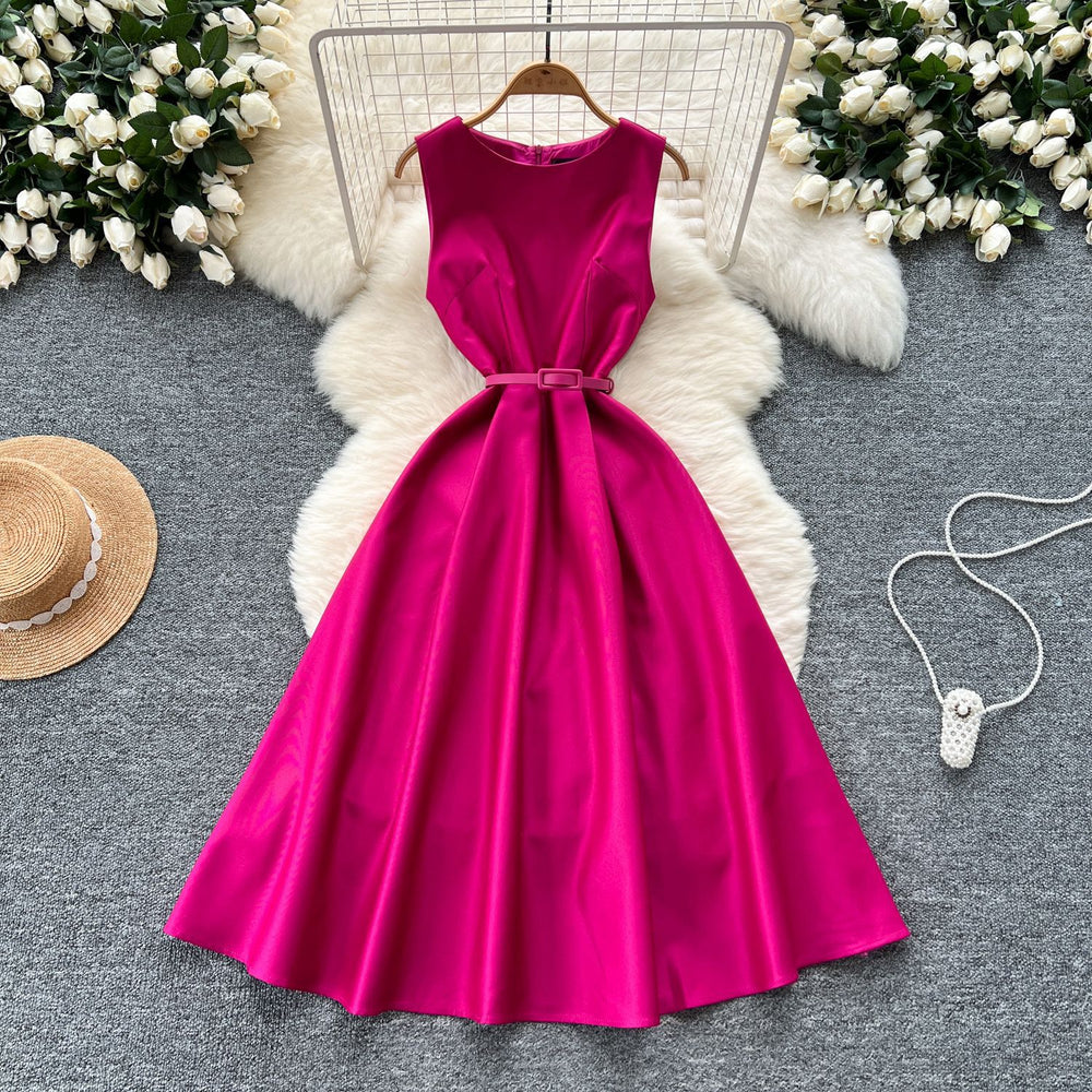 French style mini dress for women, summer , high-end design with belted waist, round neck, sleeveless, a-line maxi dress