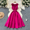 French style mini dress for women, summer , high-end design with belted waist, round neck, sleeveless, a-line maxi dress