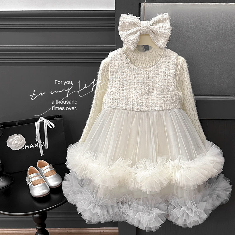 Girls' dress  autumn new collection: chanel-inspired wool blend vest dress with lace-trimmed top and mesh skirt set