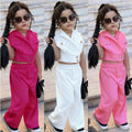 new girls' solid color cropped vest set: collared vest + high-waisted wide-leg pants