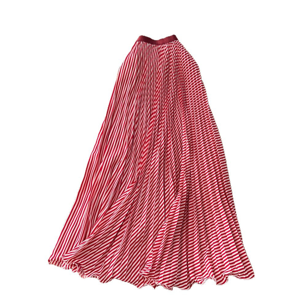 Korean style high-waisted a-line striped patchwork midi skirt - new 2025 collection, versatile striped design with a flowy drape