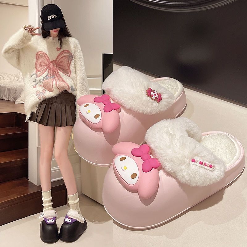 2025 cartoon slippers with detachable washable cotton lining, thickened plush outer, cute and waterproof for home wear, perfect for girls and couples