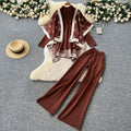 European and american fashion color block oversized shawl cardigan + turtleneck long sleeve knit top + high-waisted wide leg pants