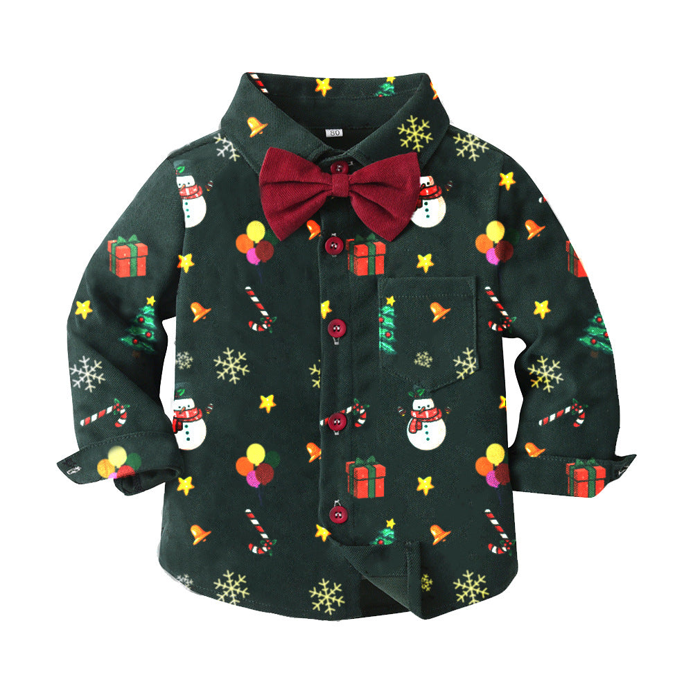New arrival: boys' printed long-sleeve shirt & overalls set - gentleman's outfit, perfect for christmas!