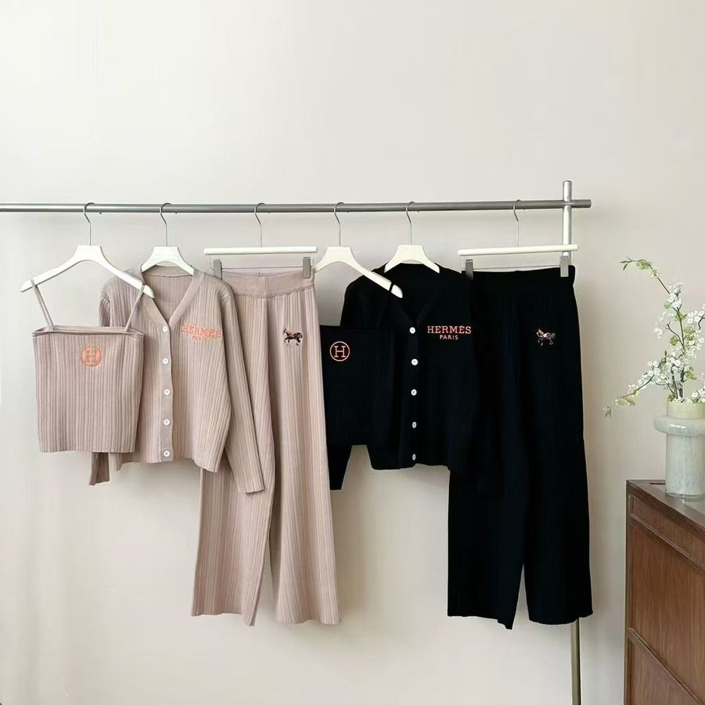 Autumn/winter minimalist embroidered v-neck long sleeve knit top with camisole + high-waisted slimming wide-leg pants three-piece set for women