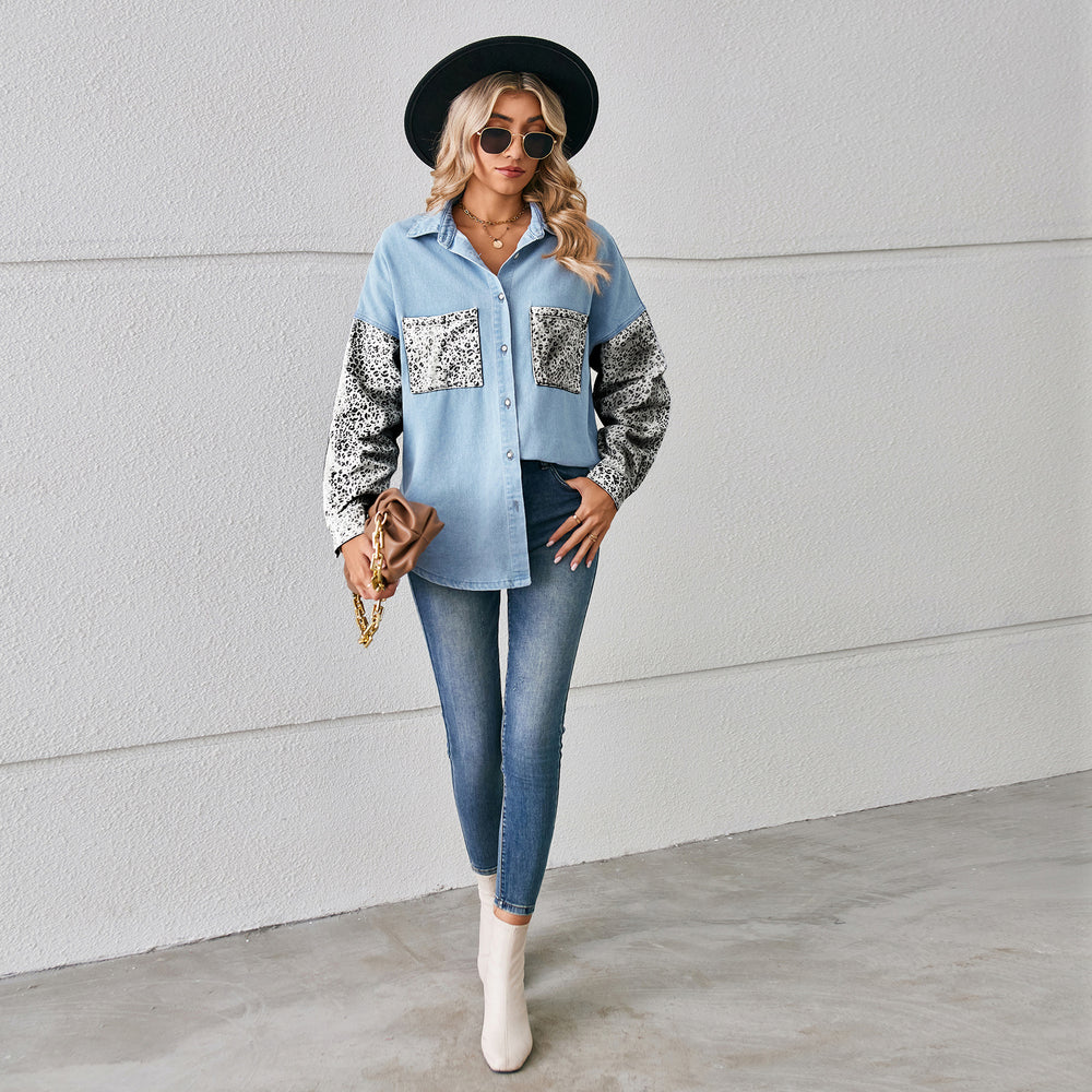 Fashion cross-border trade  independent station new arrivalloose leopard print patchwork denim shirt long-sleeved top cardigan