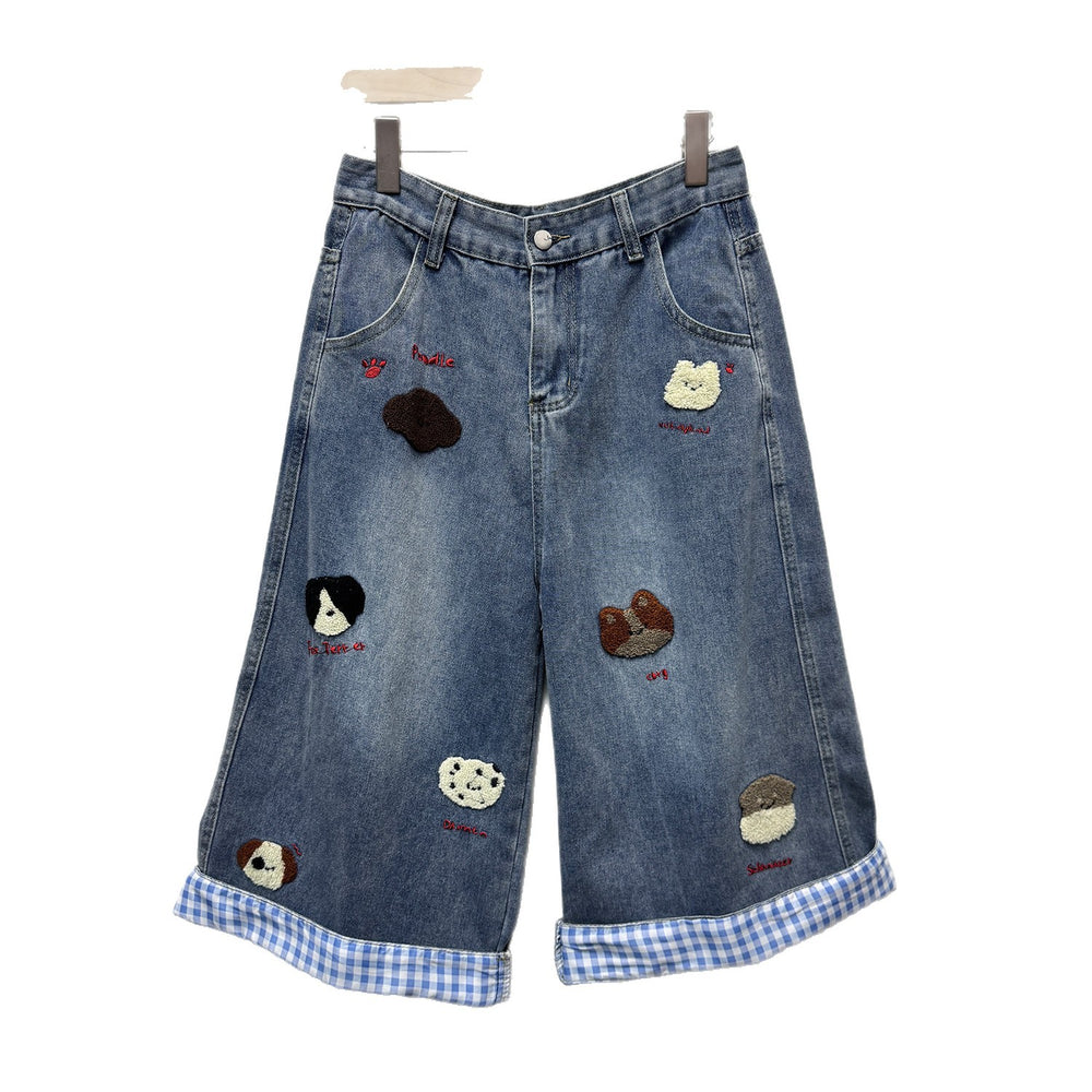 foreign trade  european and american new arrivalretro puppy embroiderplaidpatchwork wide-leg loose cropped jeans for women