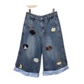 foreign trade  european and american new arrivalretro puppy embroiderplaidpatchwork wide-leg loose cropped jeans for women