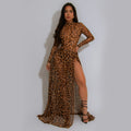 C7308 cross-border   fashion women's sexy leopard print long sleeve slit dress