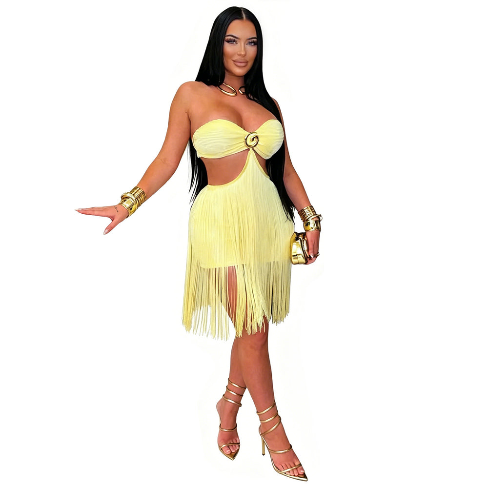C7741 cross-border    new women's bandeau tassel mini dress nightclub party dress