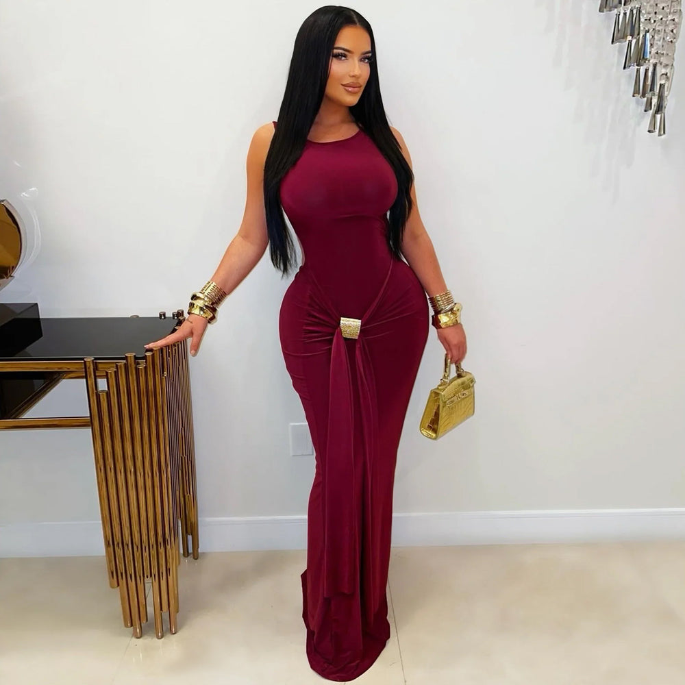 C7600 cross-border   fashion women's elegant solid color slim-fit backless dress