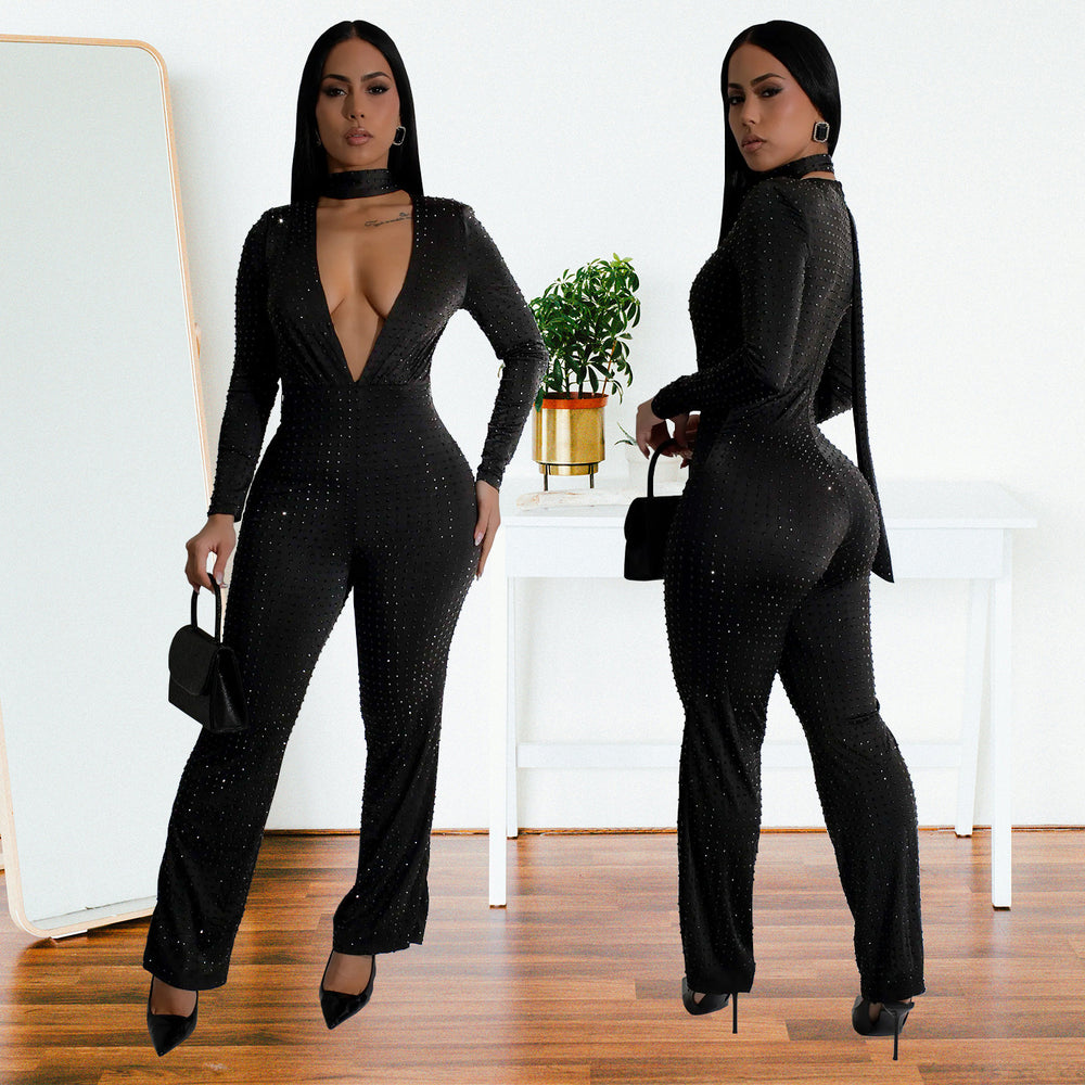 C7213 cross-border   fashion women's sexy v-neck long sleeve rhinestone arm cover jumpsuit new