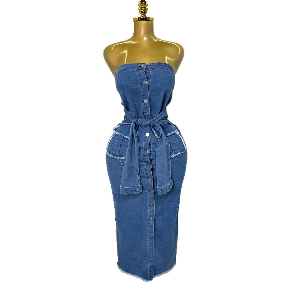 Summer american sexy bandeau single-breasted denim dress - raw hem, double pockets, tie-waist, bodycon mini dress