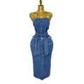 Summer american sexy bandeau single-breasted denim dress - raw hem, double pockets, tie-waist, bodycon mini dress
