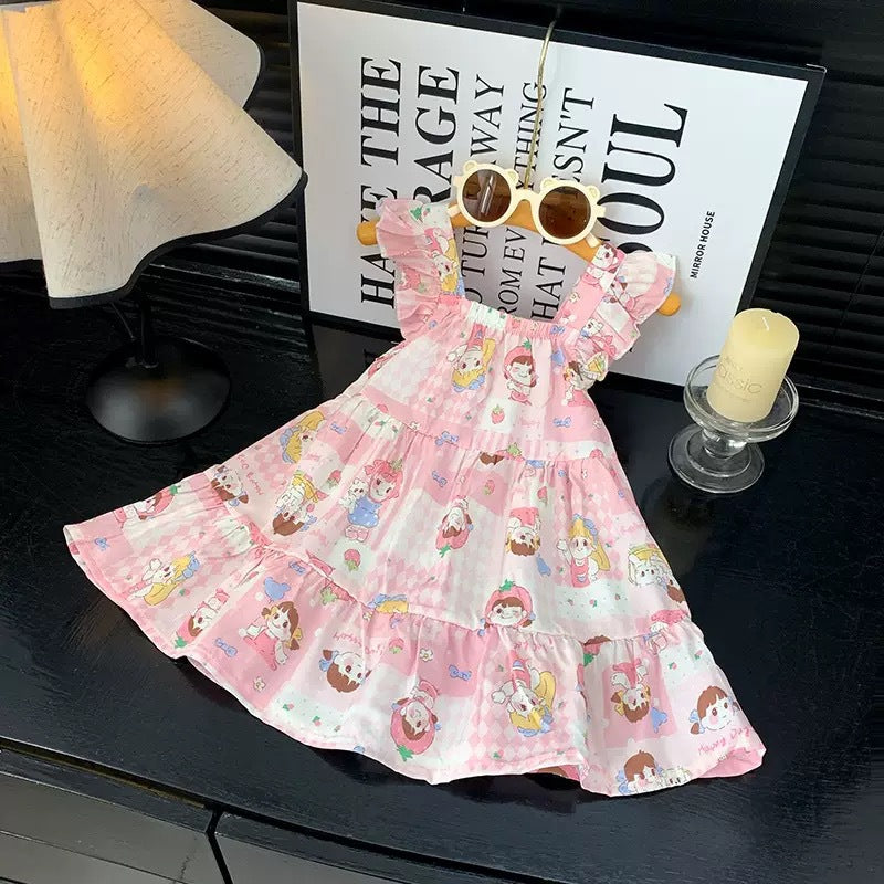 [family wear] children's cotton silk suspender dress sleeveless cake skirt summer thin flying sleeve western style floral skirt