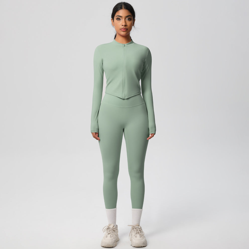 European and american quick-dry seamless zip-up workout set: high-waisted, butt-lifting yoga pants for women, perfect for outdoor running and fitness