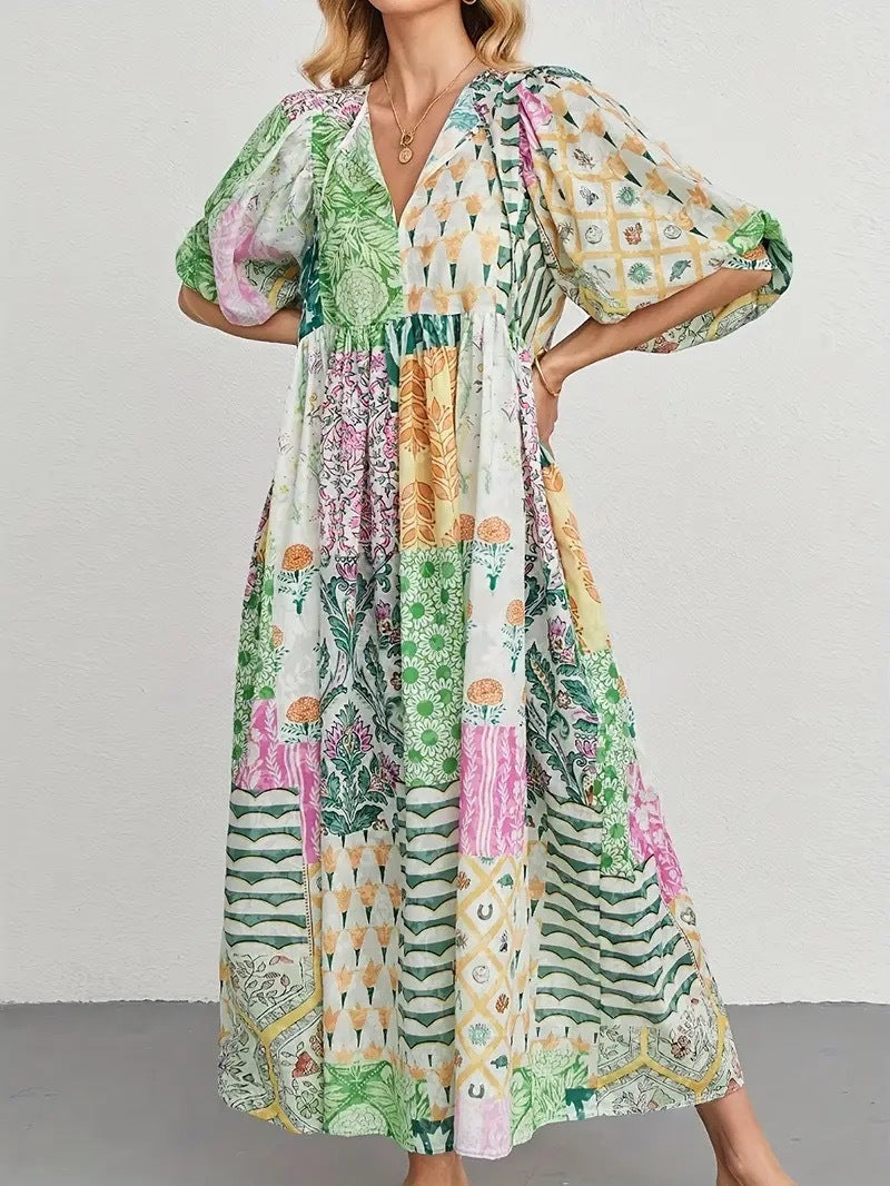 European and american cross-border   hot seller: bohemian lantern sleeve fashion print maxi dress