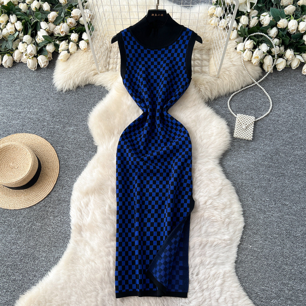 French chic high-end fashion color block knit dress - women's figure-flattering, slit hem, slim-fit tank dress