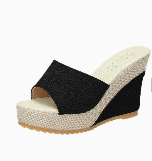 Fashionexport wedge heel one-shaped fish mouth high heel slippers women's platform shoes thick soleplus size open toe cloth sandals wish
