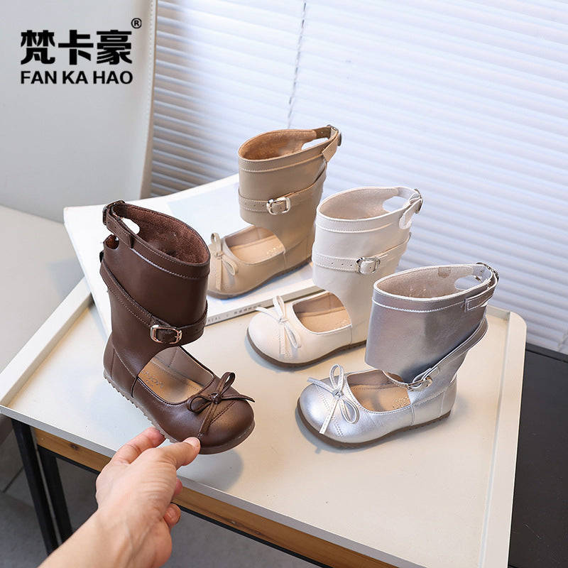 Tk ballet-style leather boots: new  korean edition girls' bow-tie princess shoes, kids' casual versatile ankle boots, trendy style