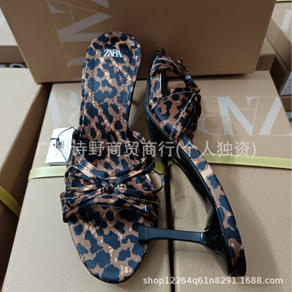 Za new 2024 fashion high heel pointed toe open toe leopard print thin one-strap bow detail backless mules sandals for women