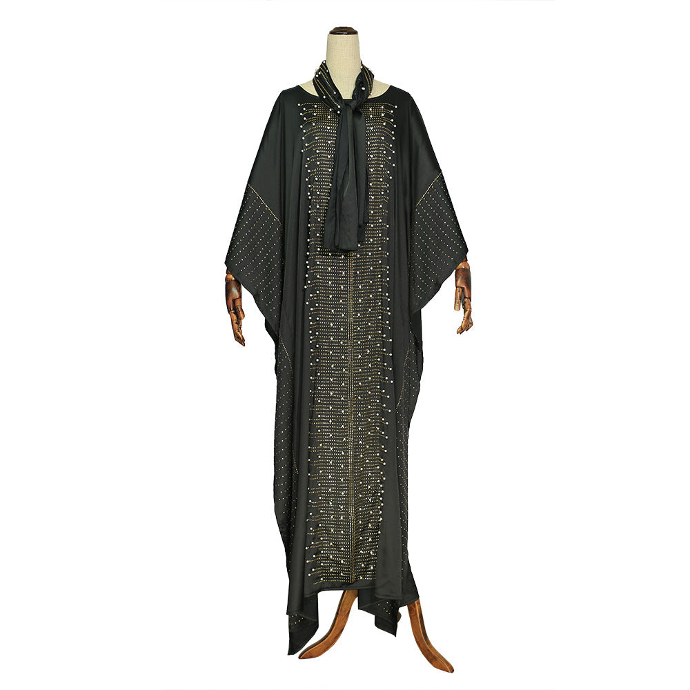 african plus size women's clothing heavy industry hot diamond beading silk satin round neck wide bat sleeve robe matching headscarf