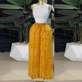 European and american women's clothing  autumn new sweet and fresh printed drawstring design high-waisted slimming wide-leg pants