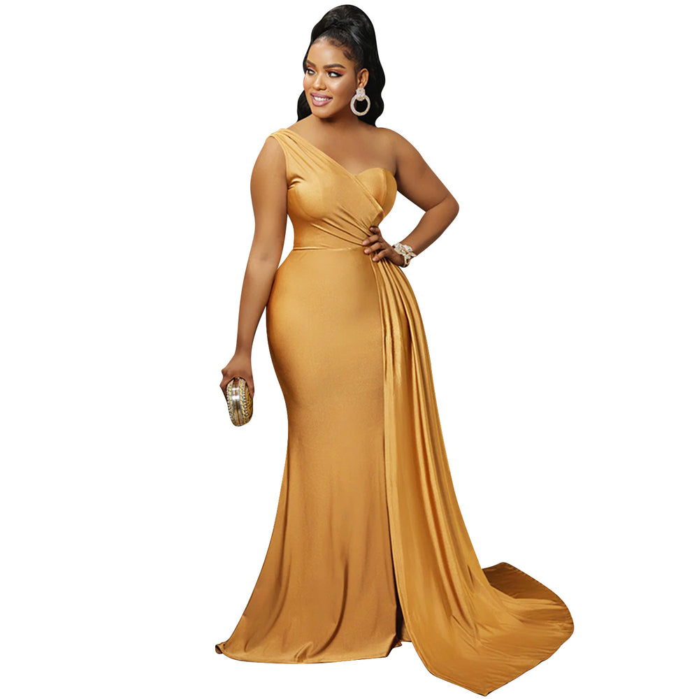 X5819 european and american new arrival   fashion solid color party bodycon one-shoulder sleeve maxi dress for women