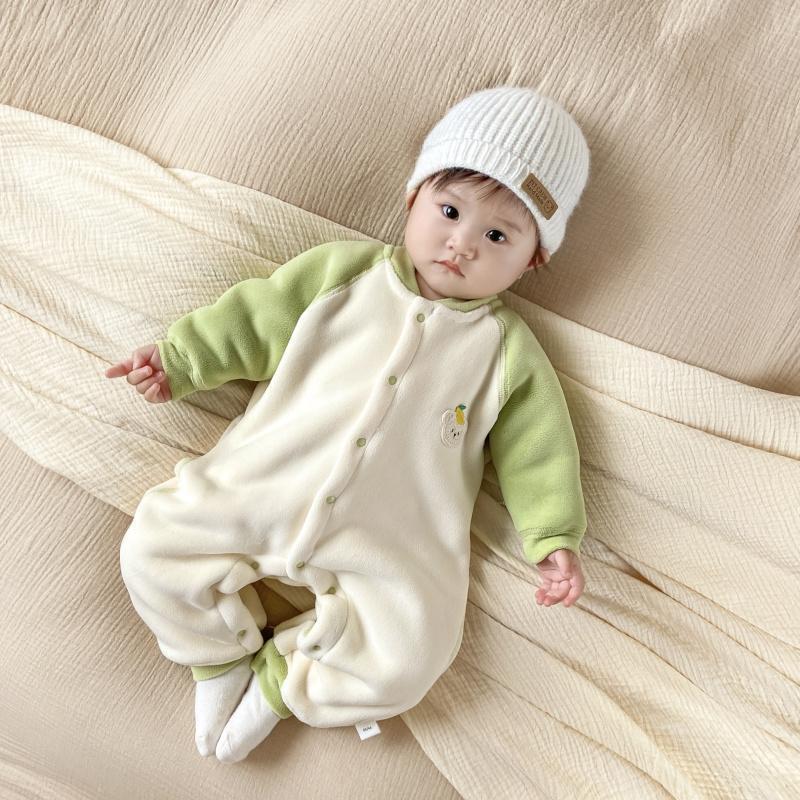 Newborn outing clothes baby winterthickened onesie baby heattechlong sleeves haki infant fleece-lined rompers