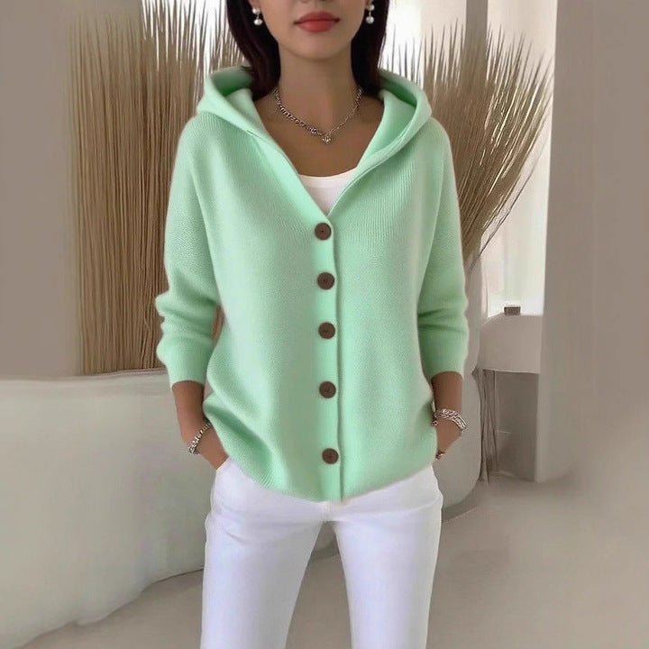 fashion autumn winternew arrivalhoodedknittingcardigan women's pure colorcasualfashionsweateroutwear women