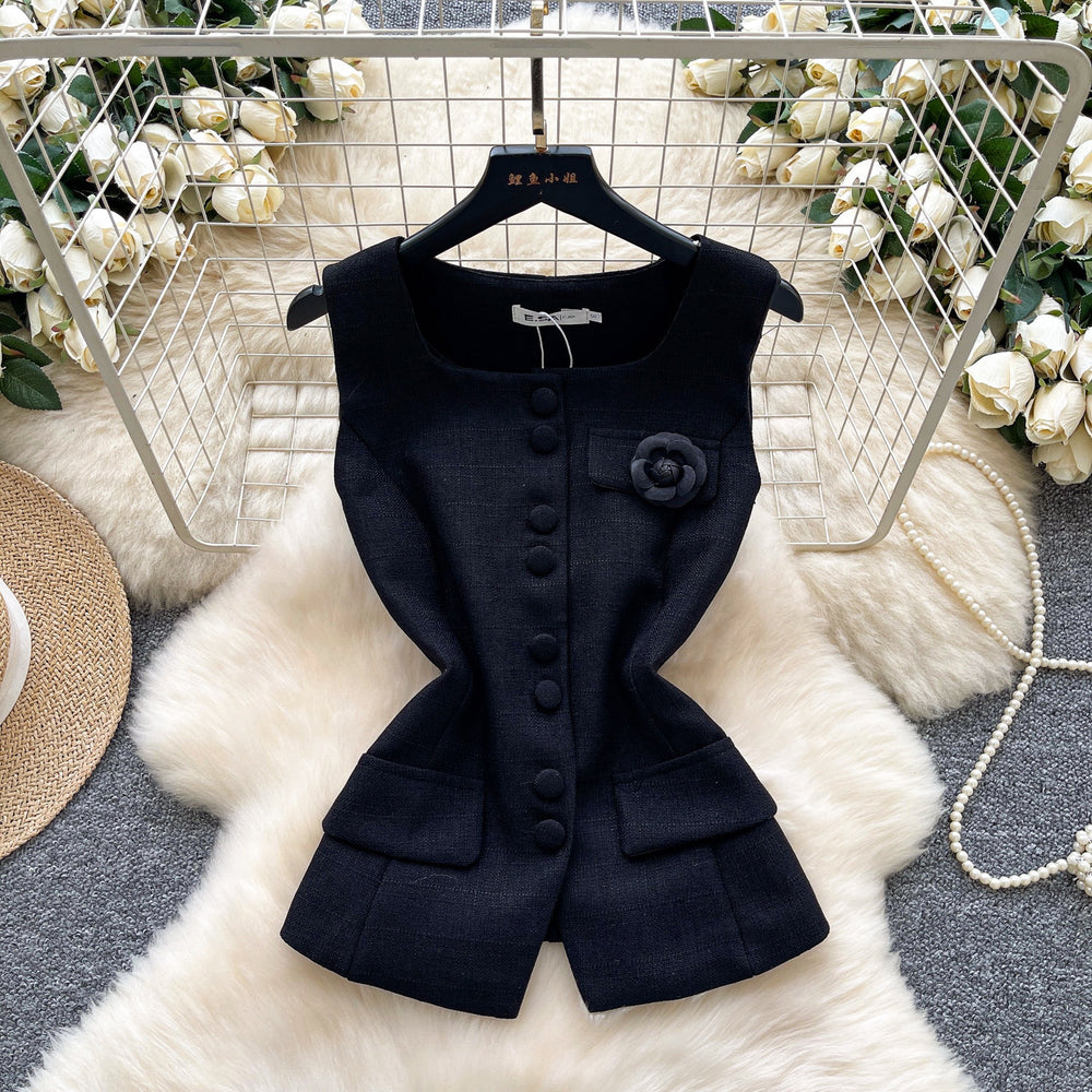 Xiaoxiangfeng v neck single breasted vest for women spring and summer stereo flower brooch waist elegant vest vest work clothing