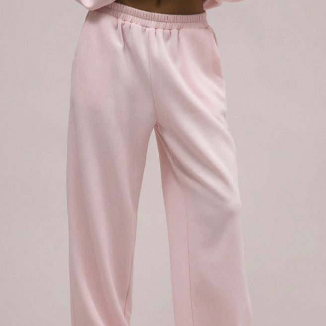 fashion light pink hooded sweatshirt suitloose drop shoulder drawstring wide leg sweatpants two-piece set