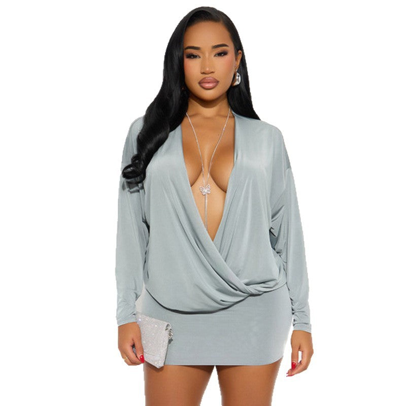 cross-border fashion: european & american style women's autumn/winter new arrivals - solid color, trendy deep v-neck, long sleeve, cinched waist, sexy bodycon dress