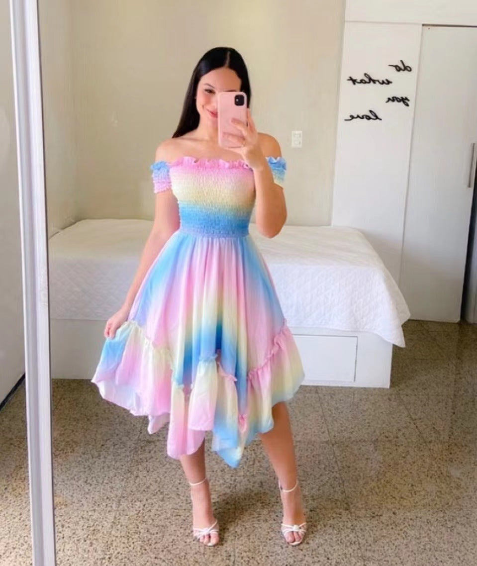 fashion cross-border   one-shoulder asymmetrical off-shoulder short-sleeve digital print dress