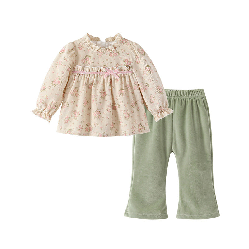 Girls' spring/autumn  new collection: country chic floral princess dress with lace trim - pink peach blossom kids' clothing