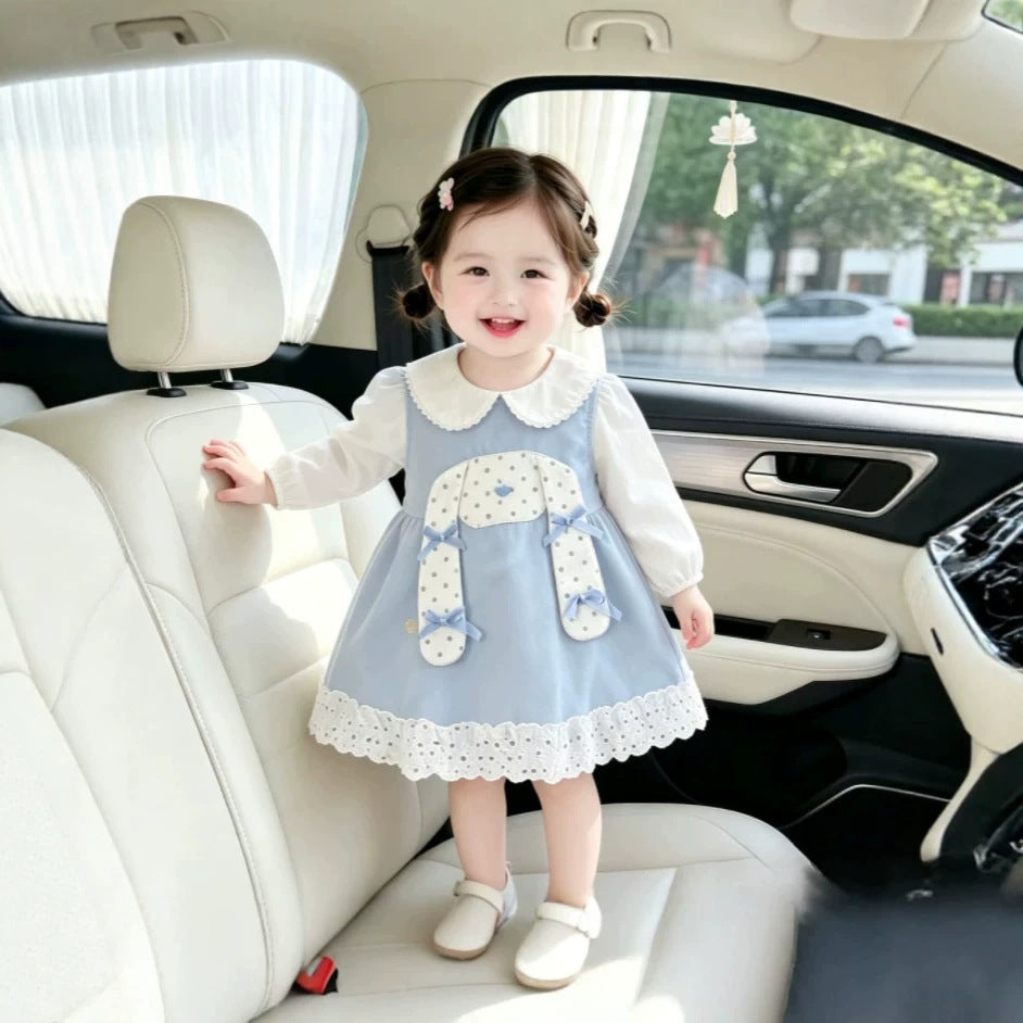 Girls' dress - spring/autumn  new collection - baby girl faux two-piece doll collar princess dress - stylish bunny dress for toddlers