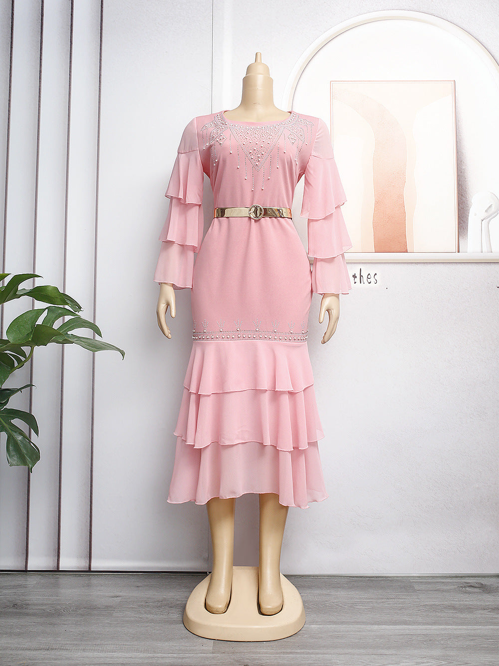 Aliexpress  women's professional office skirt fashion african hot diamond pleated waist plus sizedress