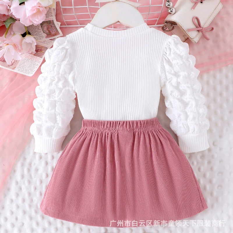 Children's clothingnew girl sweatshirt hearttops+pink bell bottoms two-piece set