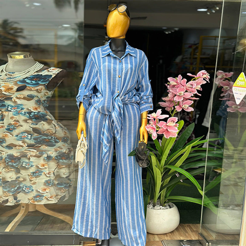European and american cross-border women's fashion:  spring new arrival - stylish lapel blue striped longline shirt and wide-leg pants set