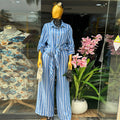 European and american cross-border women's fashion:  spring new arrival - stylish lapel blue striped longline shirt and wide-leg pants set